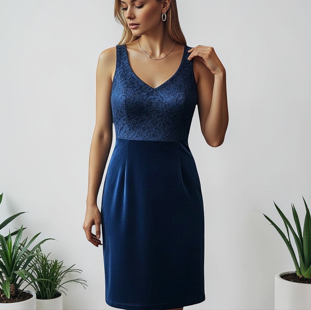 Vintage blue velvet prom dress midi smocked Sz S Wedding Party Evening Ceduxion